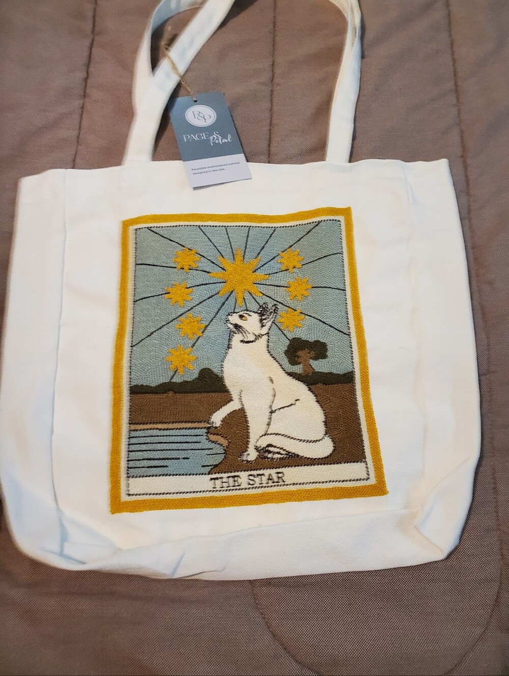 Page & Petal The Star" Major Arcana Cat Tarot Embroidered Canvas Tote Bag Cream